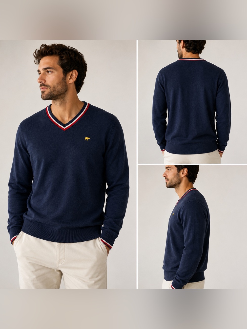 Jack Nicklaus Men's V-Neck Collar & Cuffs Sweater Navy with Red and White Trim